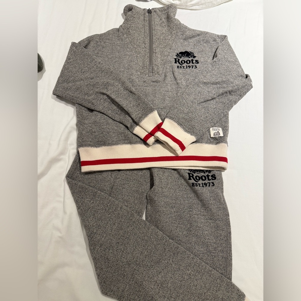 Roots Cabin Kids Gray with Red and White Trim matching sweatsuit - unisex